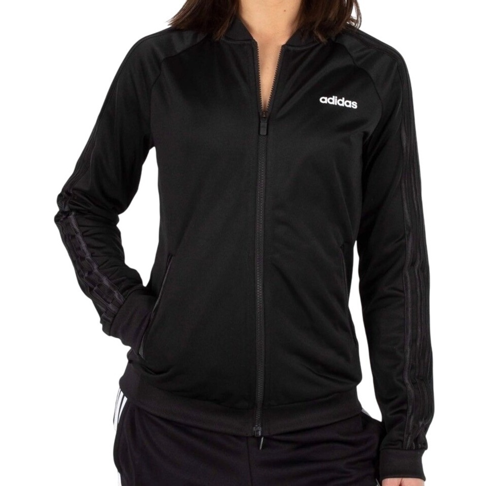 Adidas Womens Black Full Zip Track Jacket Bomber 3 Stripe Recycled Polyester L